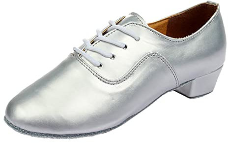 Scarpe da ballo latino da uomo, casual, tinta unita, con lacci, moderne, alla moda, formali, da lavoro, in pelle verniciata lucida, tinta unita, per feste di nozze e lavoro, Argento, 43 EU