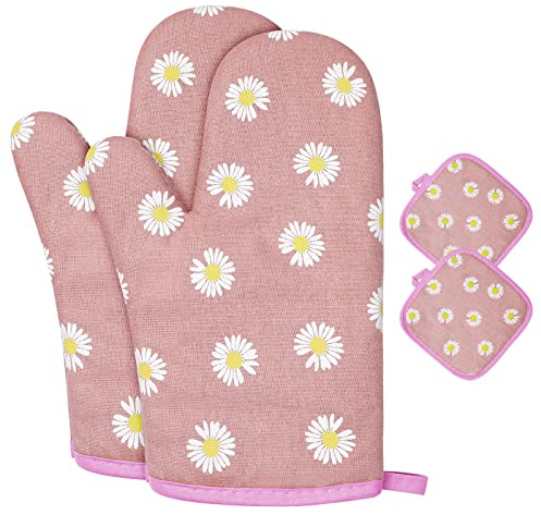 AUAUY 1 Paar Ofenhandschuhe und 2 Topflappen, Baumwolle, Rosa Blumen | Rutschfeste, Waschbare Backofenhandschuhe, Hitzebeständig [bis 180°C/356°F], Kochhandschuhe zum Kochen, Backen, Grillen