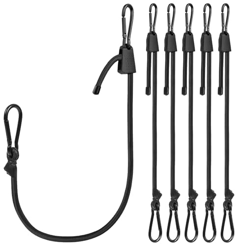 Flintronic Bungee Cords with Hooks, 6Pack 8mm*90cm Adjustable Bungee Cords with Carabiner, Heavy Duty Rubber Black Bungee Straps with Metal Buckle Hooks for Outdoor, Bike, Camping, Tarps, Tent