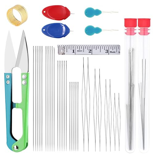 36Pcs Beading Needles Set - 4 Size with Seam Rippers, Threaders, Soft Measuring Tape, Thimble, for Jewelry Beading Supplies