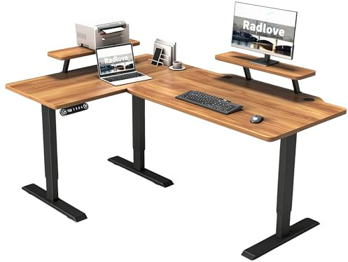 Radlove Elektriskt justerbart ståbord i L-form med bildskärmsfäste, LED-display, 160 x 70 cm, i en gammal, trättande look