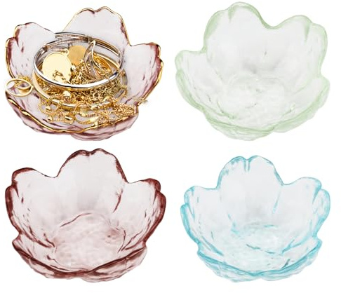 4 Pieces Glass Flower Jewelry Dish, Cute Aesthetic Jewelry Trays, Small Trinket Ring Dish Decorative Holder for Women Necklace Earring Bracelet Bathroom Gift Vanity (4 Pieces)