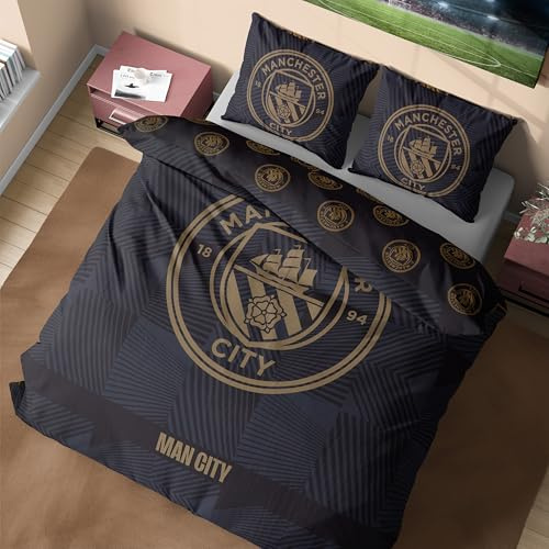 Get Trend Manchester City FC Double Duvet Cover Set, Reversible Football Bedding Set with Pillowcases, Ultra Soft & Durable Duvet Quilt Cover (Black Manchester City, Double)