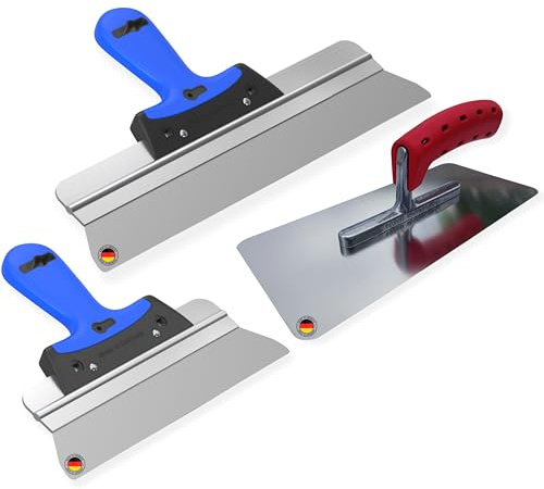 BACHSAM® Profi Glättekelle & Spachtel-Set, Made in Germany, Edelstahl, Traufel 280x130mm + Flächenspachtel 400mm & 250mm mit abgerundeten Ecken zum Verputzen, Glätten, Spachteln (Set+Glättekelle)