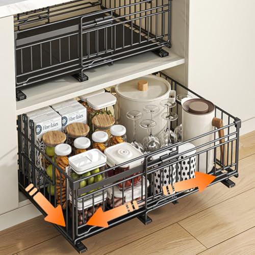 2 Stück Ausziehbare Teleskopschublade Küchen Organizer, 32,5-50 cm Breite | Ausziehbare Schublade Küche aus Metall für Küchenschrank Organizer, Spülschrank Organizer zum Kleben oder Schrauben, Schwarz
