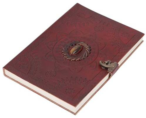 GURU SHOP Lederbuch, Verziertes Notizbuch, Tagebuch, Schreibbuch mit Ledereinband 80 Seiten - 17x25 Cm/Tigerauge
