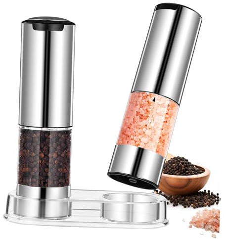 Uonlytech 2 Pièces Moulin Électrique pour Épices Acier Inoxydable Rechargeable avec Mécanisme Céramique Réservoir Transparent et Base pour Assaisonnements Fins Set