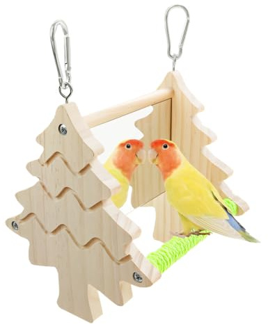Vogelschaukel Spielzeug, Holz Doppelseitiger Vogel Ständer mit Acrylspiegel, Vogelspielzeug für Nymphensittiche, Wellensittiche, Sittiche und kleine Papageien