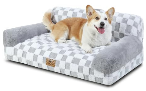 KSIIA Orthopädisches Katzenbett Flauschig 89x56cm, Abnehmbar Katzensofa Hundebett Waschbar, Hundesofa für Mittlere Hunde mit Rutschfester Unterseite, Hundecouch mit Rückenlehne und Armlehnen, Grau