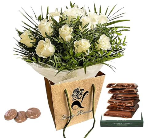 Pure Delight White Roses Bouquet – Fresh Cut Flowers for Birthdays, Anniversaries, Bridal, Get Well, Thank You, Sympathy, Celebrate Occasions – Seasonal Arrangement (Chocolat)