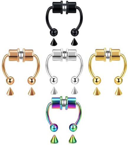YIPFEN 5 pièces Septum Magnétique Faux Piercing Nez – Anneau Sans Perçage Sans Douleur pour Femme Homme, Bijoux de Nez Ajustables Discrets