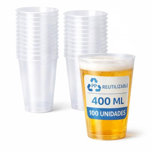 Publiclick Vasos Reutilizables 400 ml – 100 uds – Plástico Grueso y Flexible (PP) – Acabado translúcido - Resistentes para Fiestas, Cubatas y Eventos” reutilizable para muchos usos