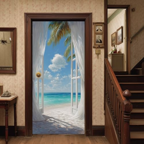 Türtapete Selbstklebend Tropisch Palme Türposter, | Türfolie Meer Strand Türaufkleber Vinyl Tapete Wandbild Natur Wolke Türfolie Selbstklebend 100x200 cm