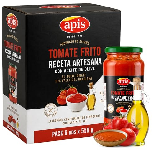 Tomate Frito Apis, Tomate frito Receta artesana con aceite de oliva, Elaborado con tomates de temporada cultivados al sol, Sin Gluten, Producto Español, Contiene 6 Tarros de cristal de 550 gr