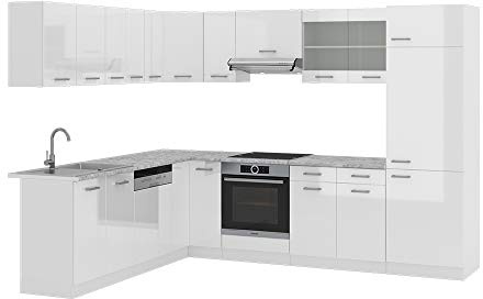 Vicco Eckküche R-Line, Weiß Hochglanz/Weiß, 287 x 227 cm, AP Marmor, mit modularen Elementen flexibel erweiterbar