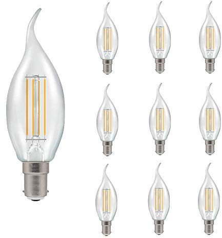 Pack of 10 x Crompton B15 LED Bent-Tip Filament Candle Bulbs 5 Watts Dimmable 470LM / 40W Incandescent Equivalent C35 Small Bayonet (SBC-B15d) Candle Light Bulbs Warm White 2700K