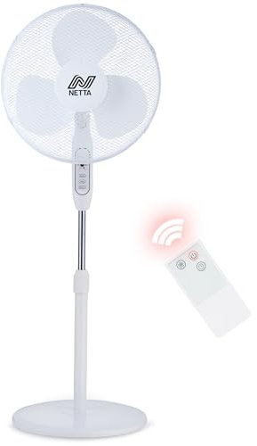 NETTA Pedestal Standing Floor Fan – 16 Inch, 3 Speed Settings, with 7-Hour Timer, Remote Control, Oscillating Function and Adjustable in Height – 40W – White