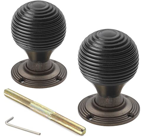 A.B Hardware Antique Brass Wood Beehive Door Knob Handle Black Hard Wood Ebonized Mortice Pair of New