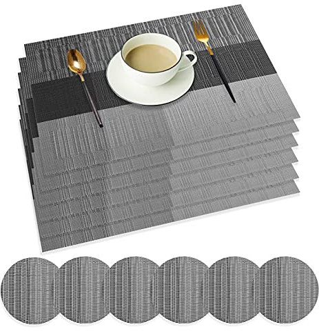 wiipara Placemats Set of 6, PVC Place Mats and Coasters Washable Non-Slip Heat Resistant Table Mats for Kitchen Dining Table Home Restaurant (6 Placemat + 6 Coaster, Grey)
