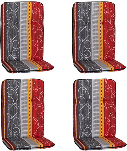 NYVI Hochlehner Auflagen Hawaii 4er Set - 114x47 cm Grau Rot Gelb Ranke - Gartenmöbel Auflage mit 5 cm Polster und Gummi-Halteband