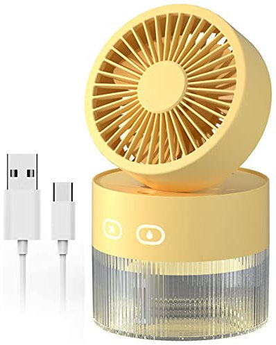 PIPOEI Ventilateur de Bureau Portable Rechargeable USB Mini Ventilateur Refroidissement à Eau avec veilleuse Vent Fort 25 DB Fonctionnement Silencieux réservoir d'eau 350 ML Yellow