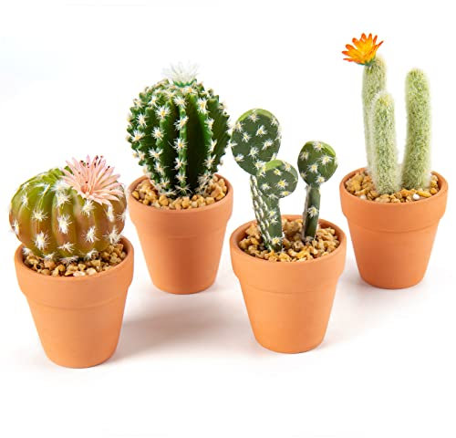 Oairse Set of 4 Mini Artificial Cactus Plant in Terracotta Pots Assorted Artificial Succulent Plants Decorative Faux Cacti Small Fake Plants for Home Kitchen Bathroom Desk shelf Indoor Decor