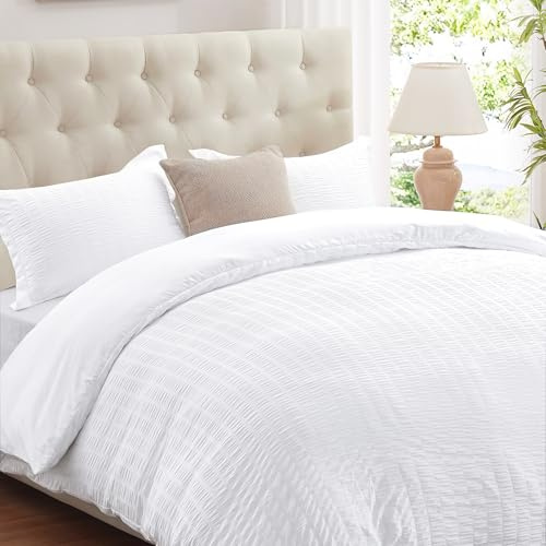 Cozyide Duvet Cover Full Size, 3 Pieces Seersucker Duvet Cover Set, White