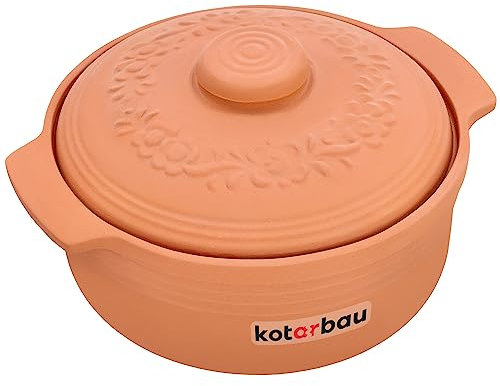 KOTARBAU® Keramik Bräter 4 L Römischer Topf Keramiktopf mit Deckel und Griffen Naturton Dampfgarer Rustico Tonbräter Auflaufform Tonware Keramische Grillschale Rund Steingut Brotbackform Terrakotta
