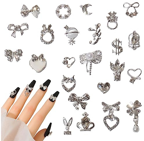 3D Nagel Charms, 24 Stück Glänzende Nagel Strass Edelsteine Herz Bogen Dangle Nail Art Charms Silber Metall Nagel Schmuck Luxus Nail Art Dekoration für Nail Design DIY Handwerk