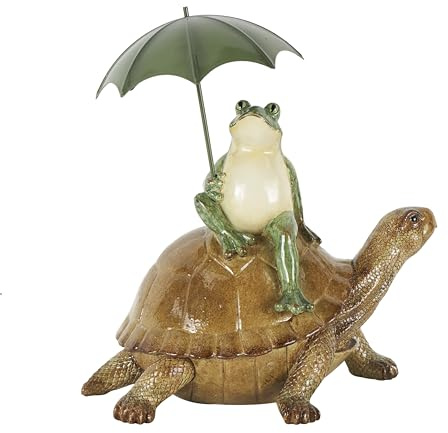 Deco 79 Resin Frog Decorative Sculpture Sitting Home Decor Statue with Umbrella and Brown Walking Turtle, Accent Figurine 11 x 7 x 12, Bronze