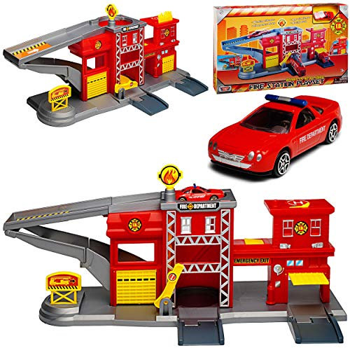 Motormax Feuerwehr Station mit Fahrzeug und Zubehör mit vielen Funktionen 1/64
