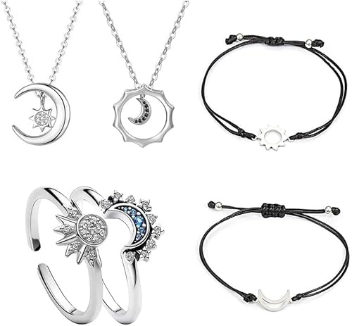 TOFBS Set di Gioielli Sole e Luna Anello Collana Bracciali Parure Argento Oro Regolabili Anelli Pendenti Collana Sole Luna Amicizia Coppia Bff Bigiotteria Regali per Donna SETC