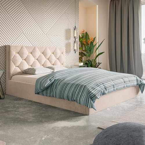 MOTIVENA Modi Polsterbett 180x200 Beige, Polsterbett 180x200 Samt, Polsterbett 180x200 mit Bettkasten, Polsterbett 180x200 mit Stauraum, mit Lattenrost, mit Kopfteil, ohne Matratze, Beige