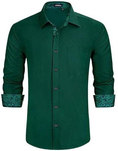 HISDERN Mens Long Sleeve Dress Shirt Button Down Dark Green Stretch Smart Shirt for Men Adult Regular Fit Designer Formal Business Wedding Non Iron with Pockets,S