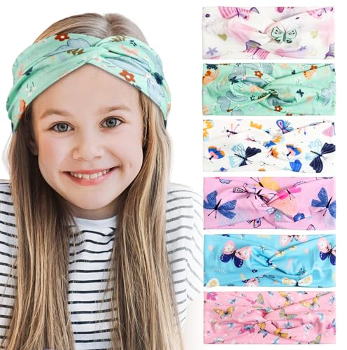 BETESSIN 6pz Fasce per Capelli Bambina Farfalla Fascia Fasce Elastiche Turbante per Decorazione Capelli Bambina Bimba 5-15 Anni