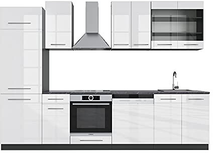 Vicco Küchenzeile Fame-Line, Weiß Hochglanz/Anthrazit, 300 cm