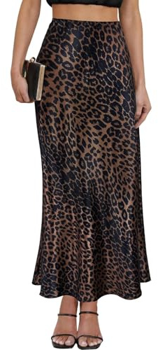 Damen-Maxirock aus Satin, hohe Taille, elastischer Bund, Seide, A-Linie, lässig, Party, Leopardenmuster, Lange Röcke für Frauen, Leopard Brown 02, Klein