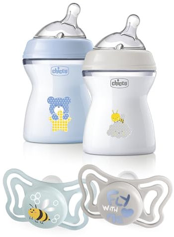 Chicco Set de 2 biberones NaturalFeeling 250ml y PhysioForma Light Chupete 2-6 Meses, Biberón Anticólicos 2M+ con Tetina Inclinada de Silicona Suave y Doble Válvula Anti Cólicos, Azul