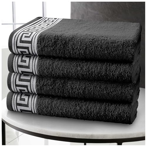 GC GAVENO CAVAILIA Greek Key Hand Towels Set of 4, 500 GSM Super Fast Absorbent Lightweight Quick Dry Bathroom Towels, Soft 100% Egyptian Cotton Towel for Bathroom, Spa & Gym, 50x80 cm, Charcoal