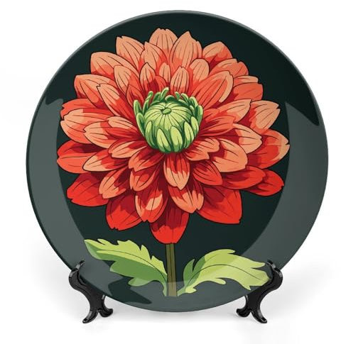 VFMKT Bone China Decorative Plate Dahlia Plane Ceramic Decorative Plate with Display Stand Ceramic Wall Art Decor for Home Office Wall Decoration 8inch