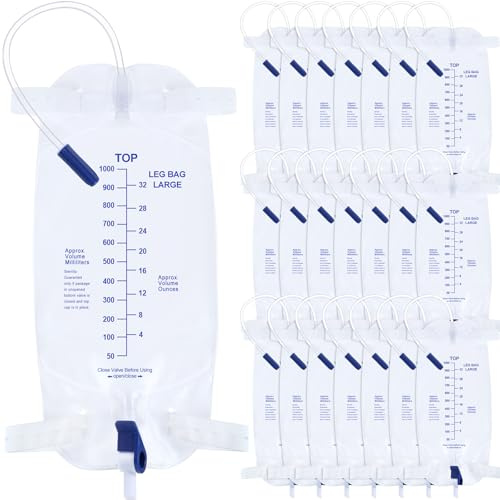 Geiserailie 20 Pcs Catheter Leg Bag Urinary Drainage Bag with Anti Reflux Valve Catheter Supplies with 2 Anti Slip Foley Stabilization Device Holder Easy Flip Drain for Men Women(1000ml)