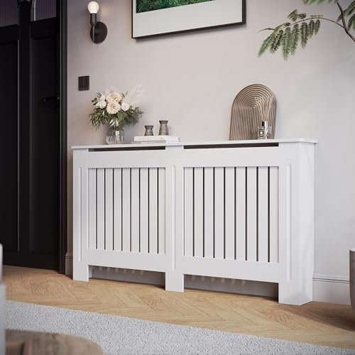 SIRHONA - Cubierta radiador, mamparo vertical, MDF lacado blanco, 152 x 19 x 81,5 cm, se puede colocar decoraciones, adecuadas para sala de estar, dormitorio, pasillo