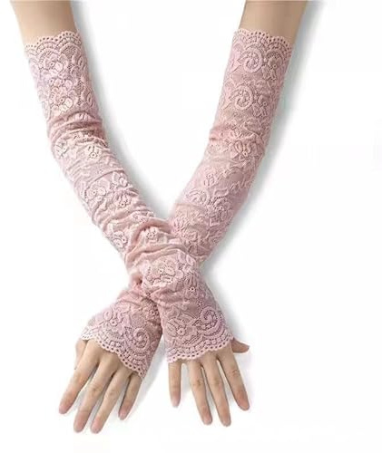 WANYI 46cm Spitzenhandschuhe Schwarz Handschuhe Spitze Elegant Fingerlose Lange Handschuhe Damen Lace Arm Sleeve Sonnenschutz fur Kostüm Zubehör Halloween Party Hochzeit(Rosa)