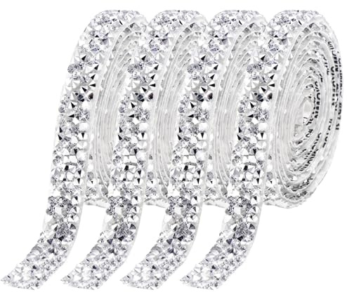 HonGien 4 Rollen Crystal Rhinestone Ribbons Diamant Bling Band Selbstklebende Kristall Strass DIY Diamant Band für Hochzeit Geburtstag DIY Dekoration (Silber, 10mm)