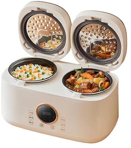 Olla arrocera eléctrica, vaporizador de viaje portátil, multifuncional 2L+2L hogar doble interior integrado multifunción arrocera con pantalla táctil inteligente y olla antiadherente, cita 12H