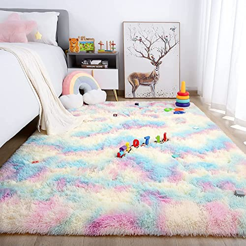 Aexpath, Tappeti morbidi a pelo lungo con tintura tie-dye per camera da letto e soggiorno, tappeto colorato e soffice, piccolo e grande, arcobaleno 80x120 cm