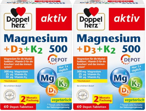 Doppelherz Magnesium 500 + D3 + K2 - Hochdosiertes Magnesium als Beitrag zur normalen Funktion der Muskeln und Nervensystems - 60 vegetarische Depot-Tabletten (Packung mit 2)