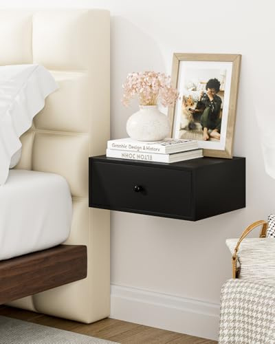 Apetaccat Floating Bedside Table with Drawer, Wood Bedside Table Wall Mounted, Floating Cabinet Nightstand for Bedroom,Livingroom (Black)