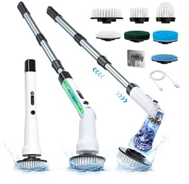 Electric Spin Scrubber, Hillyfe Bathroom Scrubber Electric with 7 Replaceable Brush Heads, IPX7 Waterproof,300/400 RPM, 3 Adjustable Length,Scrubber Brush Electric for Bathtub Floor,White