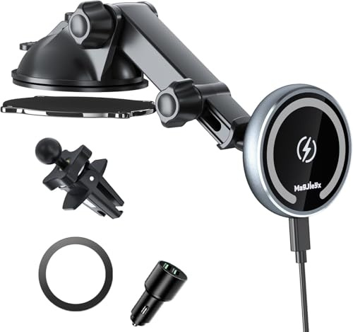 MAGJIEYX für Magsafe Autohalterung mit Ladefunktion, 15W Kabellose Schnellladen mit 38W QC 3.0 Ladegerät Starker Magnet 360° Drehung für iPhone 16 15 14 13 12 Serie Alle Smartphones Auto Zubehör